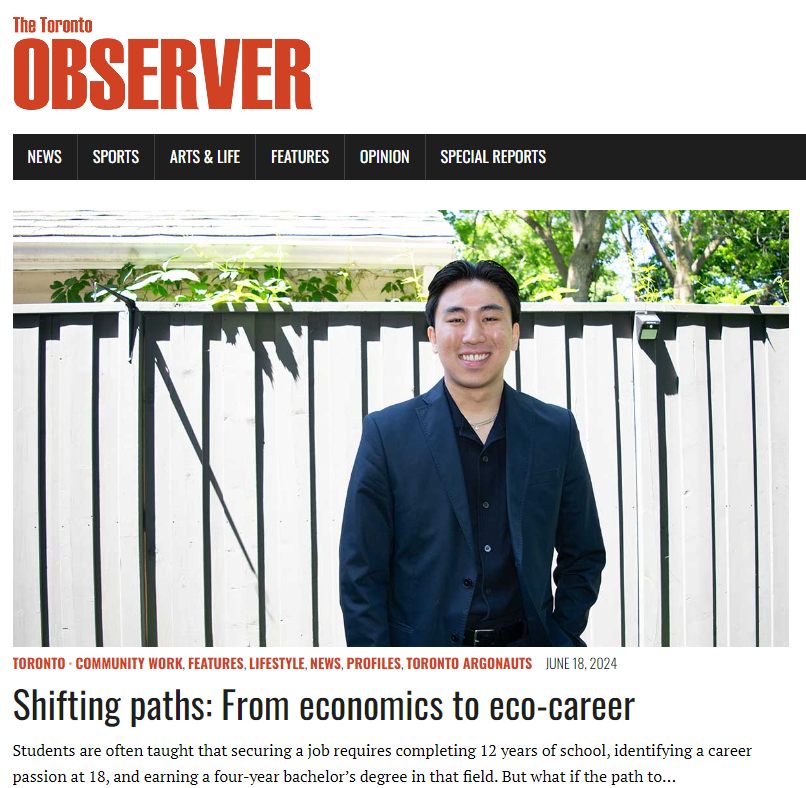 Screenshot of The Toronto Observer article about Dylan Lamaca, who works in the environmental sustainability sector standing in front of a grey fence with a navy suit jacket on, smiling. 