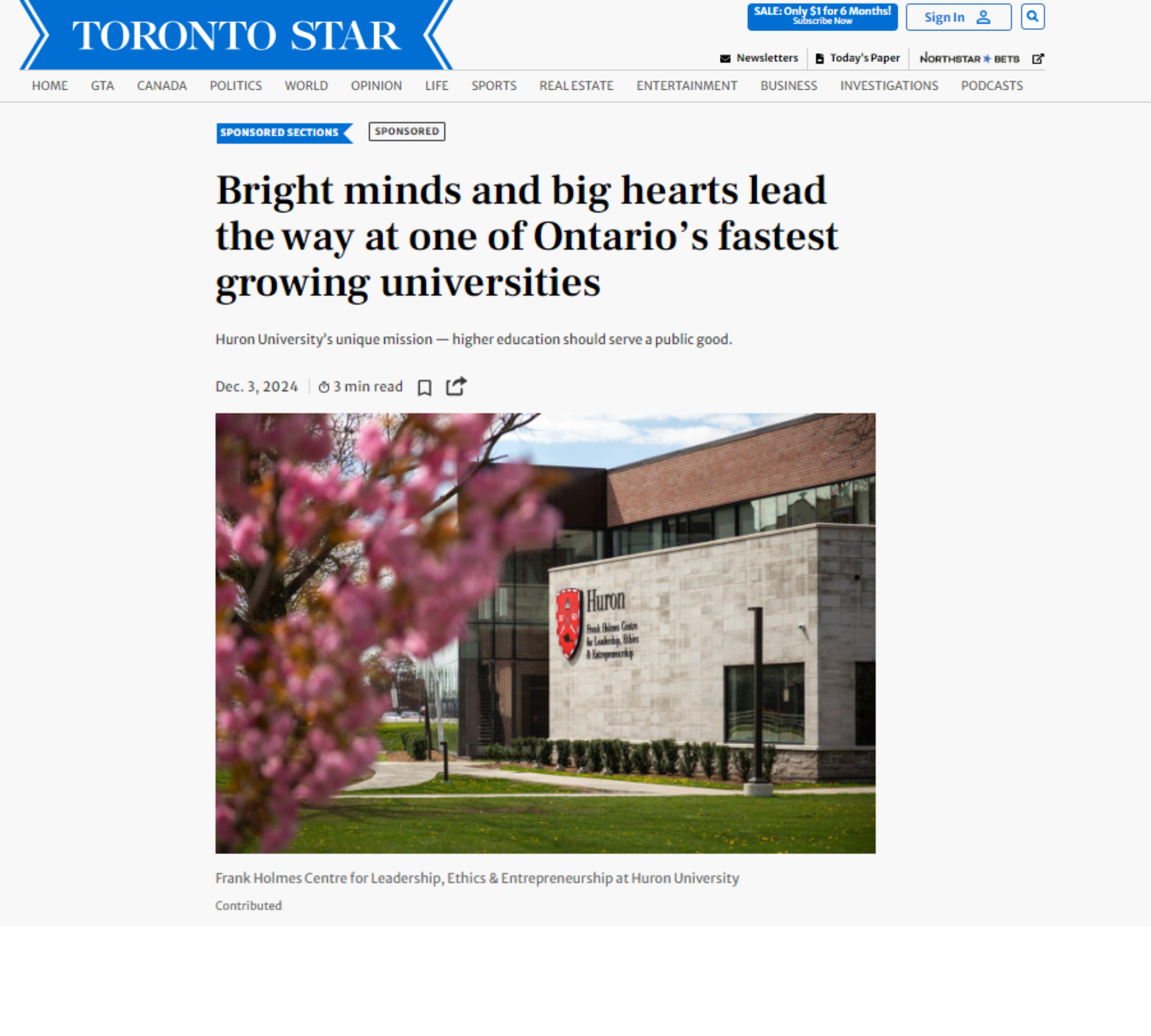 Screenshot of The Toronto Star article, Bright minds and big hearts lead the way at one of Ontario's fastest growing universities with an image of the Frank Holmes centre. 